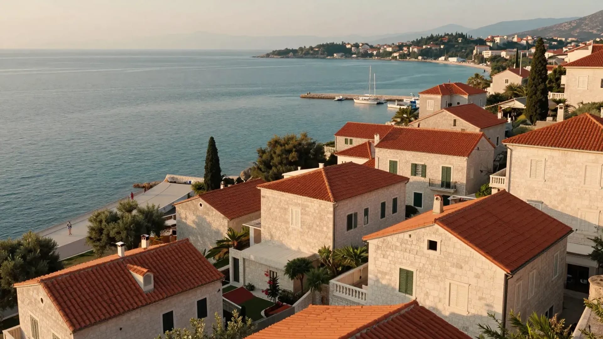 A Dalmatian town above a turquoise bay at golden hour